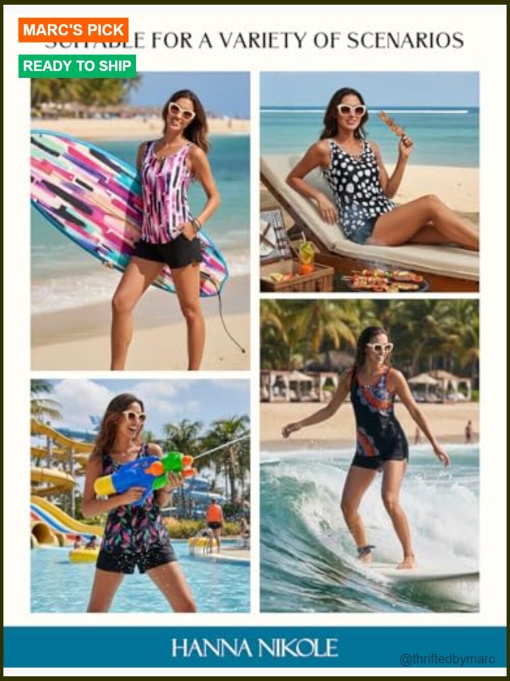 Two Piece Tankini Swimsuit with Beads, Sporty Swim Shorts Pockets, Modest - Picture 2 of 7